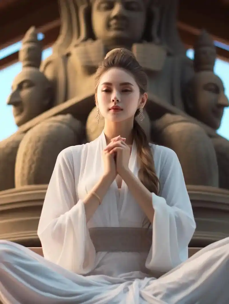 白袍女子在佛像前冥想:智慧与慈悲的美景