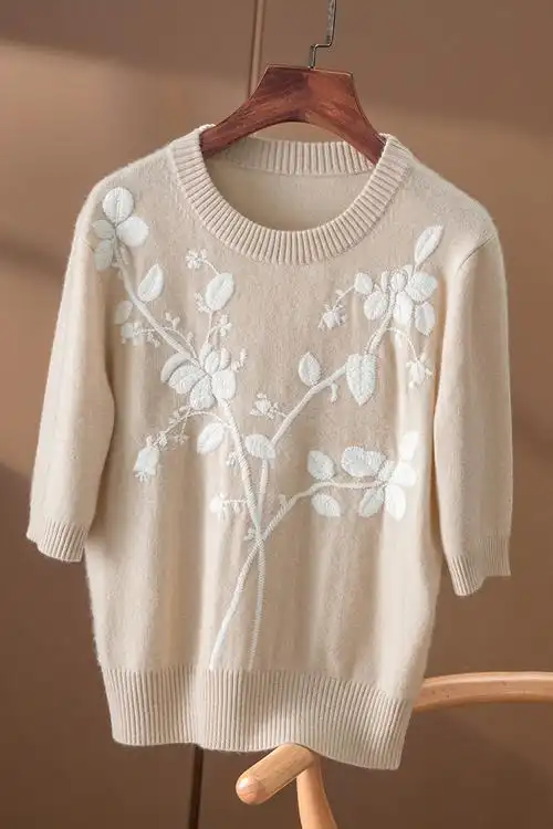 春天天家治愈精致电脑绣花羊绒短袖针织衫毛衣毛衣