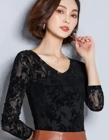 韩版性感v领打底衫薄款蕾丝钩花长袖网纱上衣女2018秋季新款 黑色 m