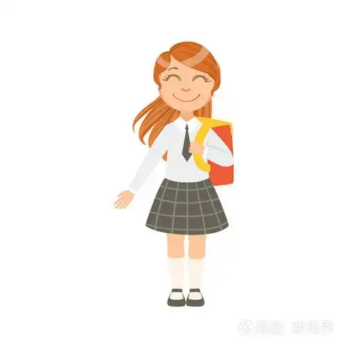 女孩在学校制服站,微笑的卡通人物在黑色格仔裙和领带快乐做