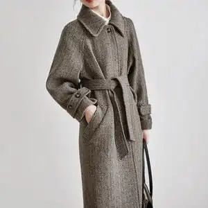 咖啡色加厚人字纹双面羊绒大衣女新款气质中长款直筒羊毛呢子外套