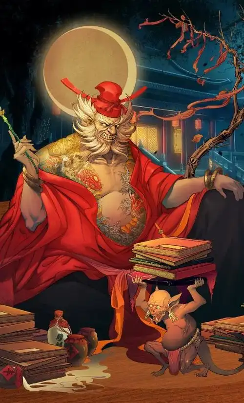 阎王爷案前有两大判官:文判官——崔珏:左手执生死薄,右手拿勾魂笔