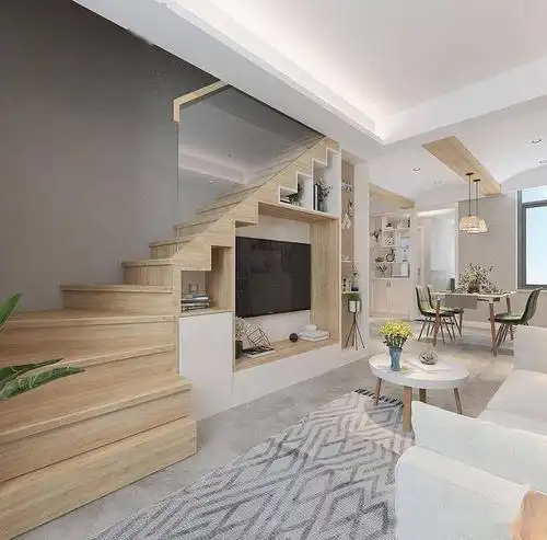 100平北欧风利用楼梯做客厅电视背景墙不仅好看还节省空间