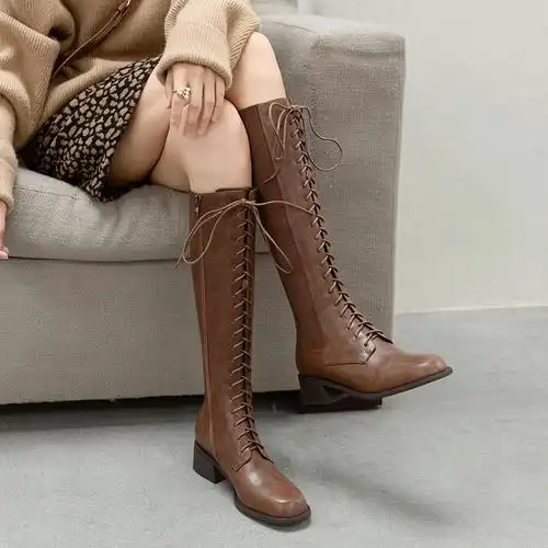 复古方头交叉绑带骑士靴女高筒靴真皮中跟长靴秋冬加绒保暖长筒靴
