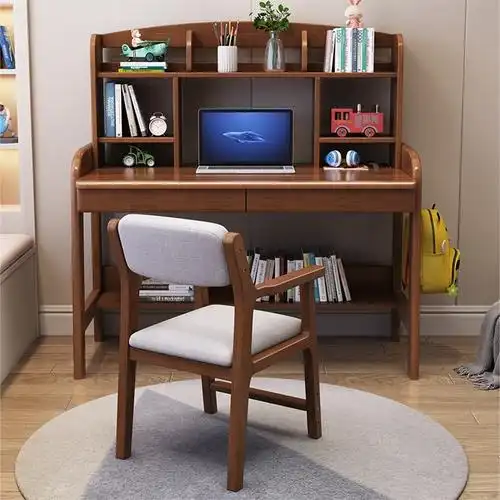 迅迈实木书桌写字桌书架一体学习桌简约家用初中小学生卧室可升降书桌