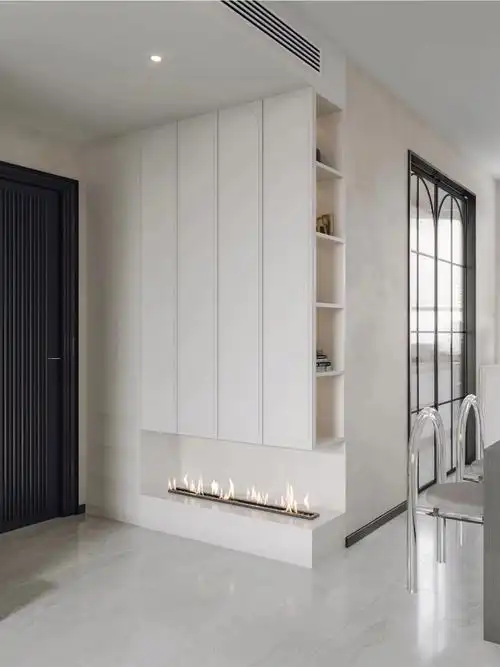 悬空柜搭配仿真壁炉 玄关收纳和端景实现二合一