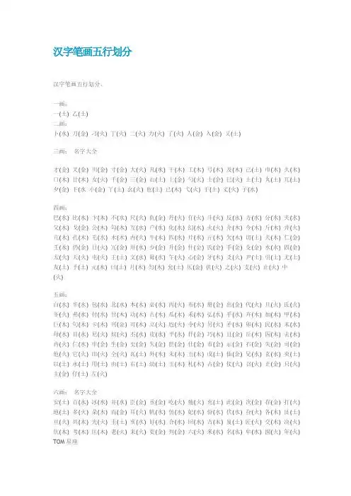 汉字笔画五行划分 汉字笔画五行划分,一画:一(土)乙(土)二画:卜(水)刀