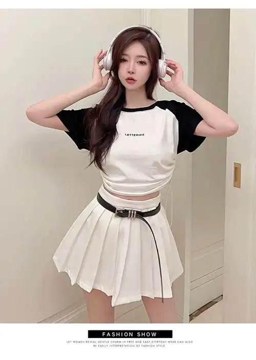 【实拍】抽绳撞色圆领辣妹上衣个性女装新款打底修身春夏季短袖t恤