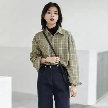 复古磨毛格子衬衫女春秋长袖内搭打底叠穿港味设计感小众上衣外套
