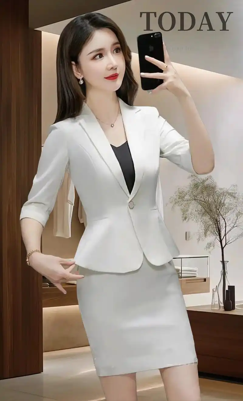 高端职业装套装女夏季短袖西装套裙美容师酒店前台白领西服套装