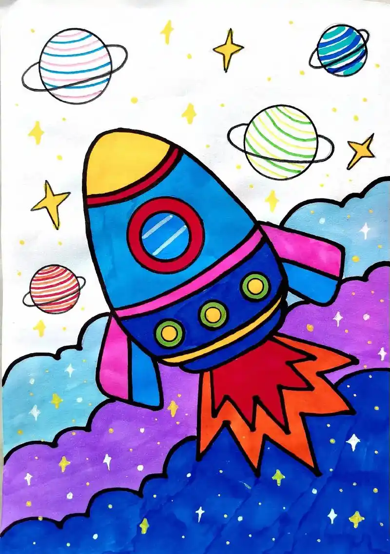 火箭星空简笔画,美丽的外太空之旅,一起动手画 - 抖音