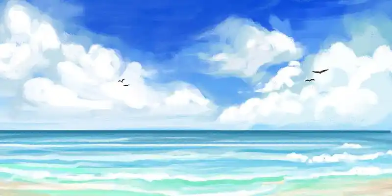蓝色手绘风水彩插画蓝天白云小鸟大海沙滩展板背景