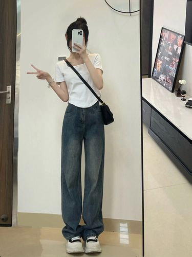 复古蓝牛仔裤女春秋新款大码胖mm高腰宽松显瘦梨形身材阔腿直筒裤