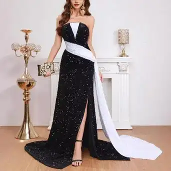 跨境外贸女装欧美亚马逊独立站珠片亮片连衣裙酒会晚礼服大摆裙