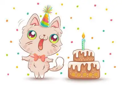 生日快乐白色猫矢量可爱的猫与生日蛋糕在可爱风格.生日快乐!