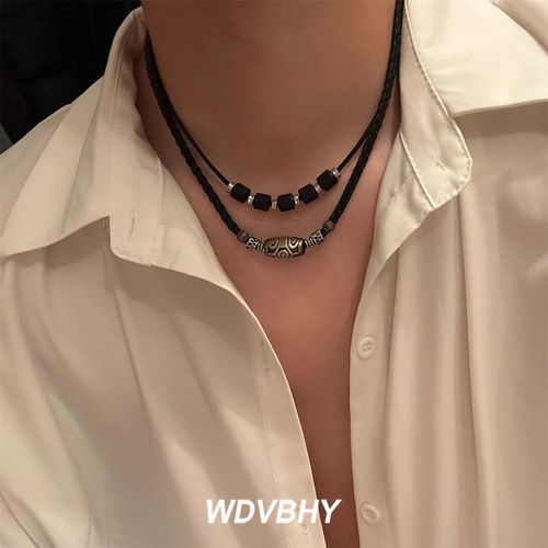 复古天珠吊坠编绳项链男潮帅气男生小众高级感男士叠戴百搭毛衣链