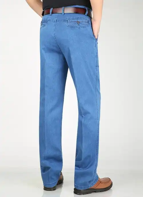 牛仔裤男宽松高腰深裆直筒款弹力休闲爸爸长裤子曼迪尚浅蓝色薄款一件