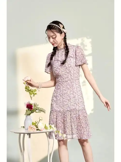 碎花淑女气质木耳边鱼尾连衣裙裙