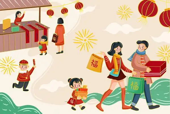 彩色卡通手绘春节新春一家人办年货背景原创插画海报年货节春节新年