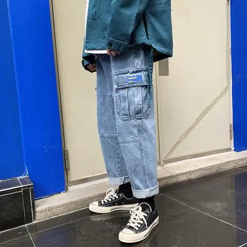 坠感阔腿直筒牛仔裤男工装潮牌老爹宽松嘻哈网红裤子抖音九分帅t