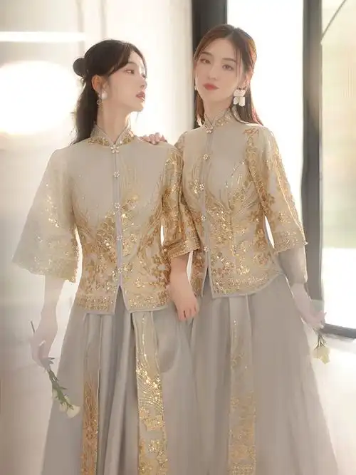 出租凭借中式伴娘服24新款中国风婚礼姐妹裙伴娘团大码秀禾礼服女