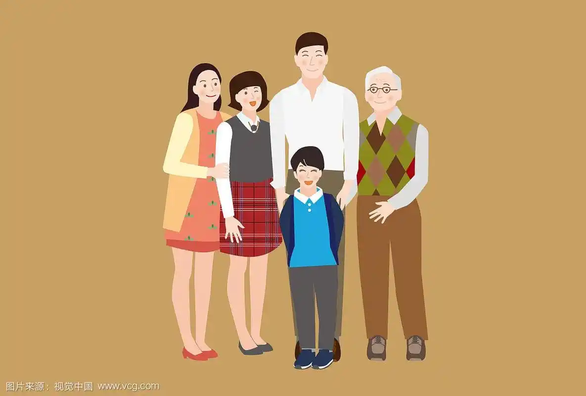 一张幸福的全家福(爷爷,奶奶,女儿和儿子),坐在客厅的沙发上-向量