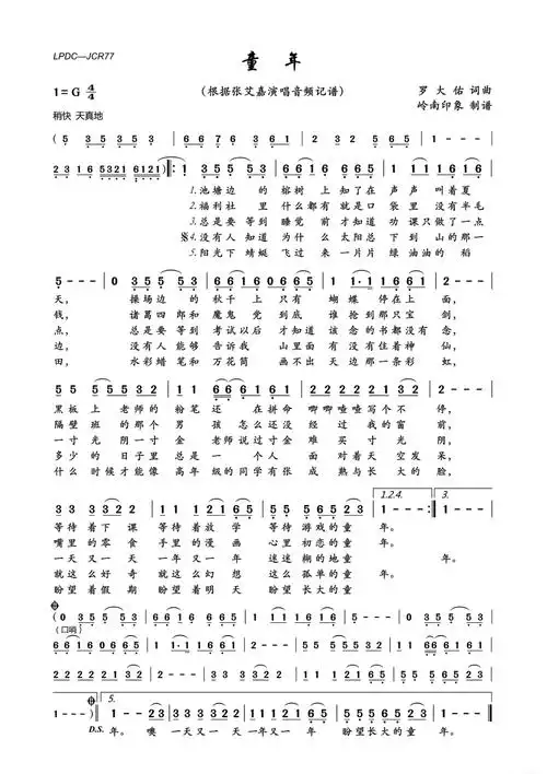 歌谱 > 正文童年 - 罗大佑 池塘边的榕树上 知了在声声地叫着夏天