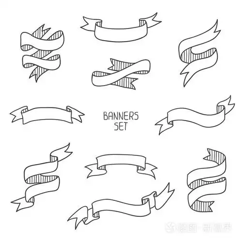 老式的丝带横幅手绘制的组设计.矢量图