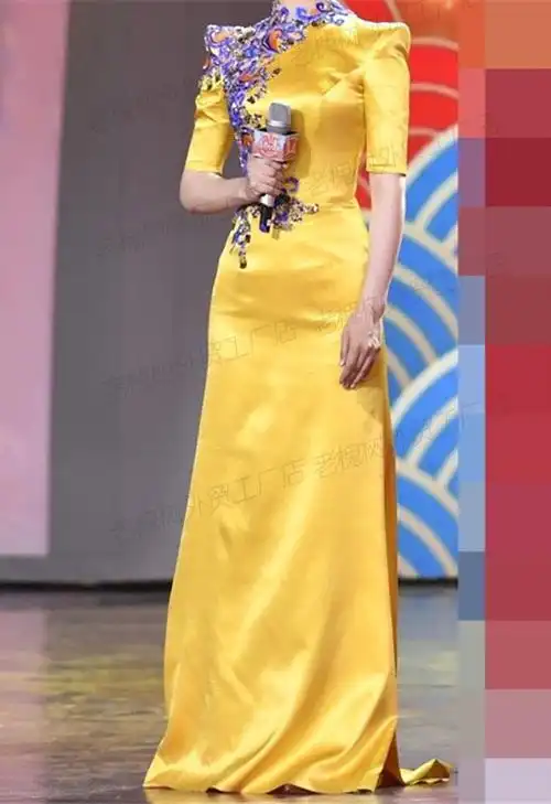 礼服定制央视春晚主持人黄色五分2020新款颁奖礼服