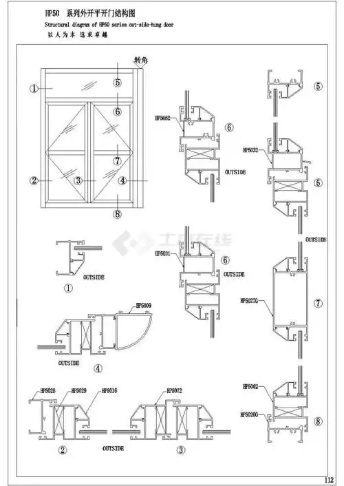 某平开门窗cad平立面构造设计图