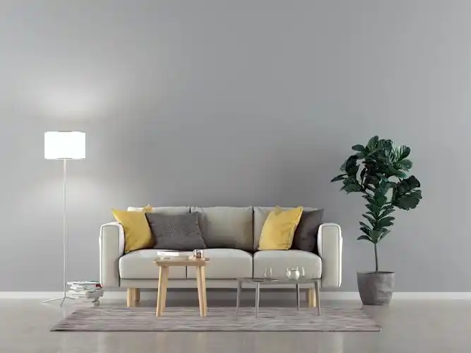 空房间里的白色沙发-背景是灯和墙