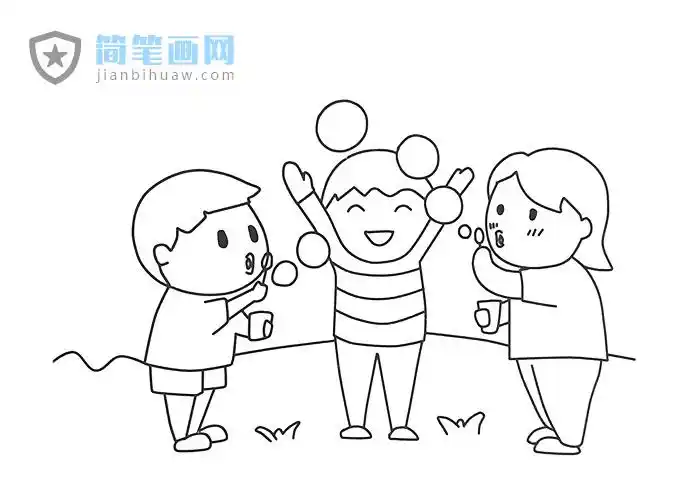 三位小朋友在玩吹泡泡游戏的简笔画