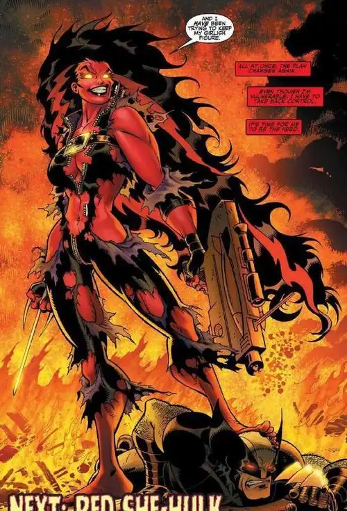 2009年9月16日,漫画《绿巨人》第15话介绍了超级英雄女红浩克.