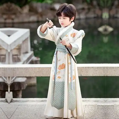 旦古装加绒儿童唐装演出服中国风古风国学服小男孩元男童汉服冬款