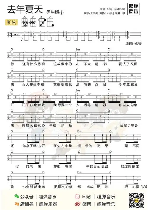 去年夏天王大毛家家尤克里里谱