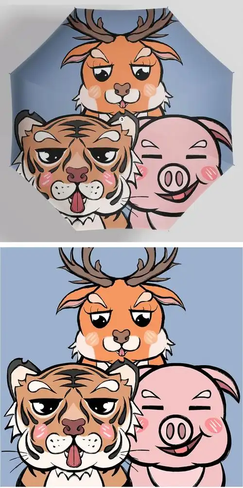 卡通风网红可爱小动物全家福雨伞太阳伞图案