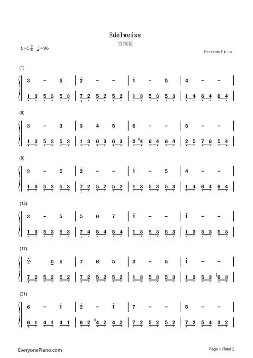 雪绒花-钢琴谱文件(五线谱,双手简谱,数字谱,midi,pdf)免费下载