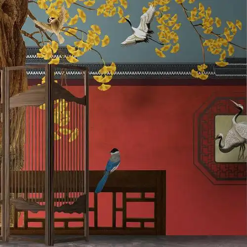 中式花鸟故宫红装饰贴古风汉服拍照直播主播背景墙火锅餐厅国潮墙纸好