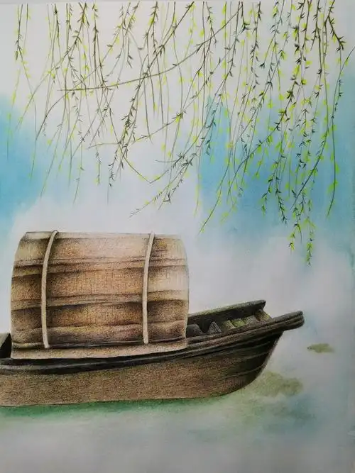 彩铅风景画船听雨眠