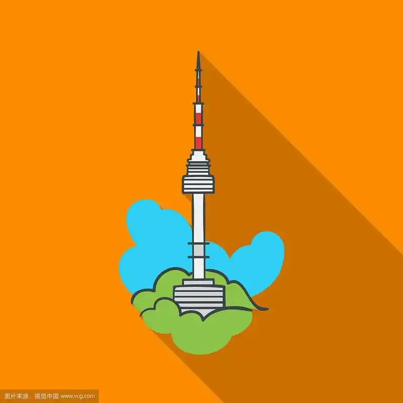 首尔塔图标在扁平风格孤立在白色