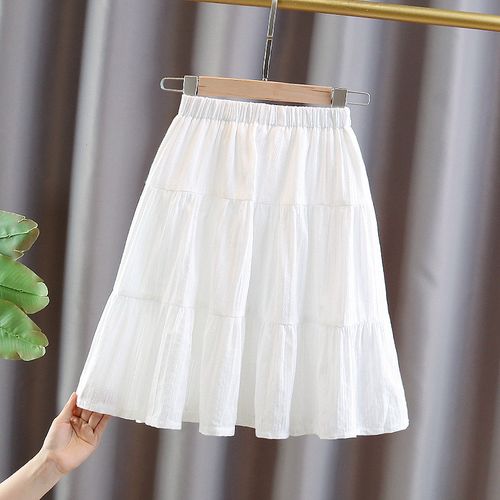 潮女童半身裙夏天大童高腰长裙子过膝白色纯棉百褶蛋糕裙2022夏季