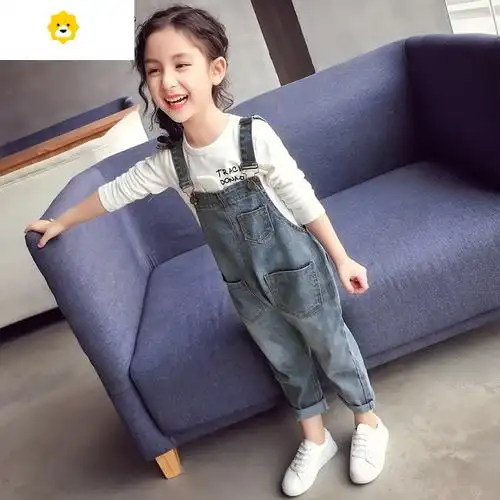 喻娄女童牛仔背带裤儿童秋装新款牛仔裤子小女孩长裤韩版中大童背带裤