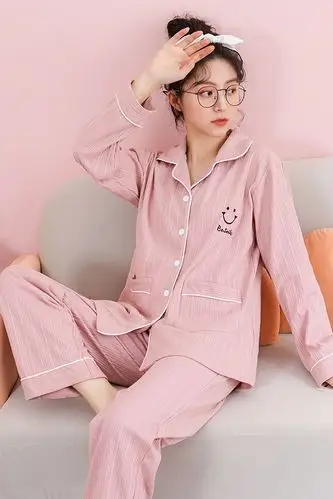 多色黛梦思新款睡衣女春秋季纯棉长袖家居服简约休闲开衫两件套装