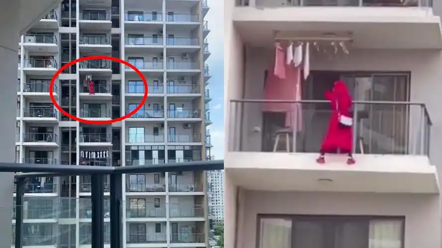 三亚红衣女子阳台外拍视频跳舞坠楼掉落瞬间路人吓到失声尖叫