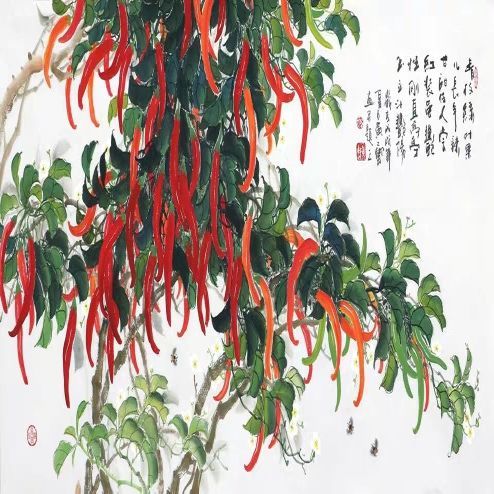 纯手绘四尺横幅客厅办公室写意花鸟辣椒红红火火名人字画国画书画