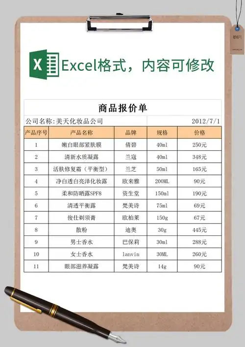 化妆品商品报价单excel模板