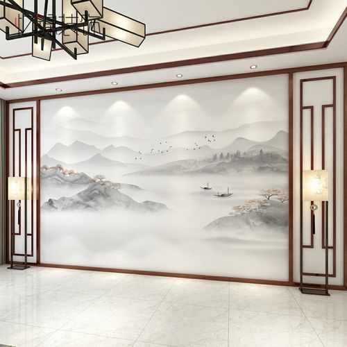 新中式电视背景墙壁纸现代水墨山水家装客厅卧室书房影视墙布壁画