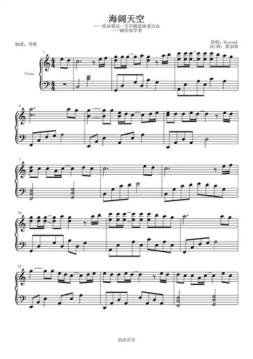 海阔天空-beyond 琴兽版钢琴谱-c调-虫虫钢琴
