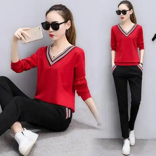 大码女装修身显瘦休闲服春秋薄款两件套v领长袖女士跑步运动套装