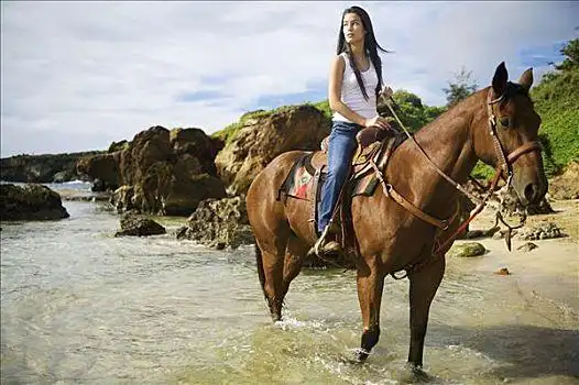 夏威夷,考艾岛,海滩,美女,骑马